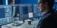 Two male software developers working in a dark office, focusing on multiple code-filled screens and discussing a project.